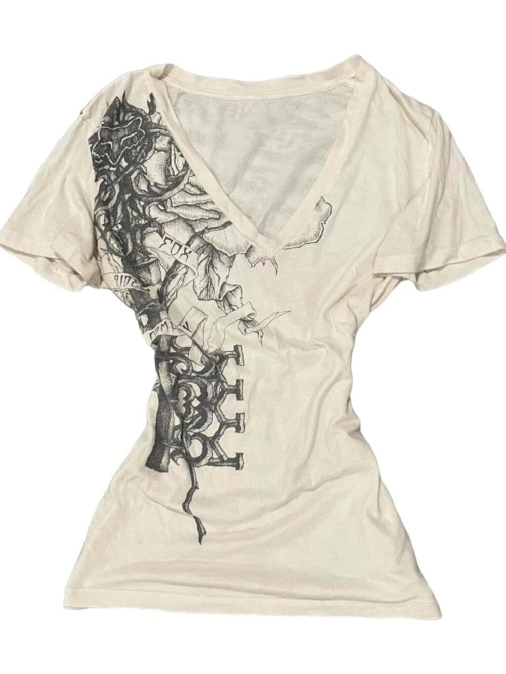 Y2K Vintage Graphic Tee for Women | Grunge Alt Goth Slim Fit V-Neck Top